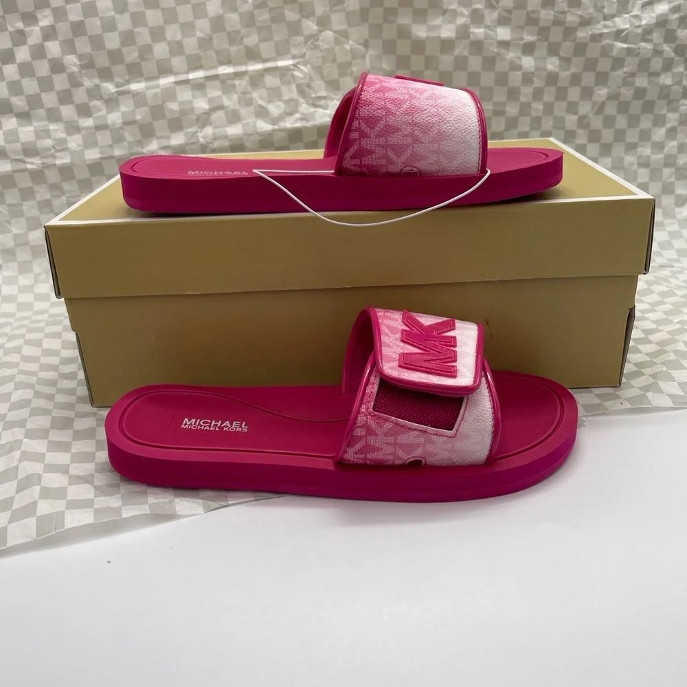 MICHAEL KORS Palmer Ombré Signature Logo Slide Sandal Dragonfruit NWT